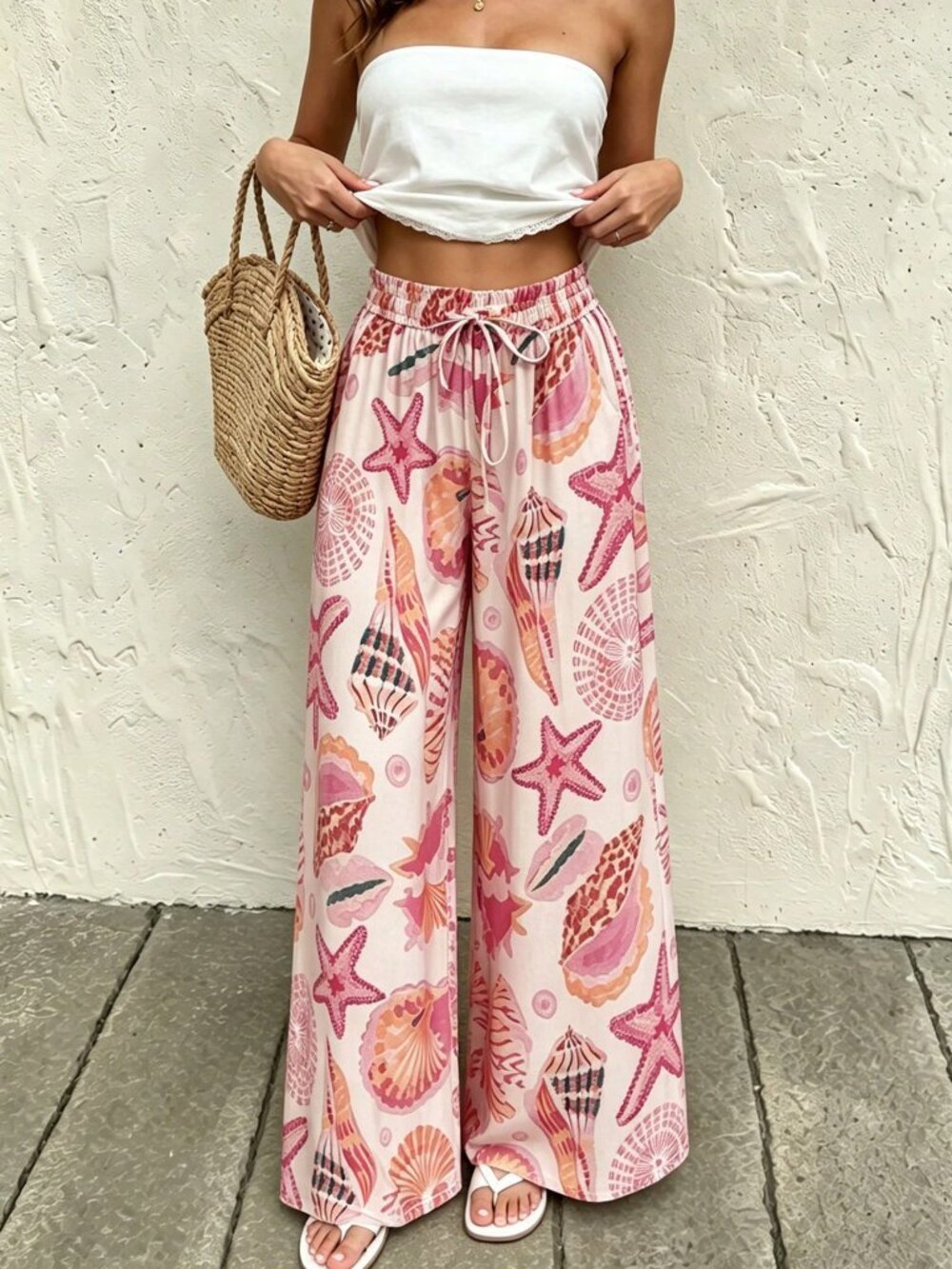Pink Boho Women's High Waist Wide Leg Starfish Print Trousers - Picture 3 of 7